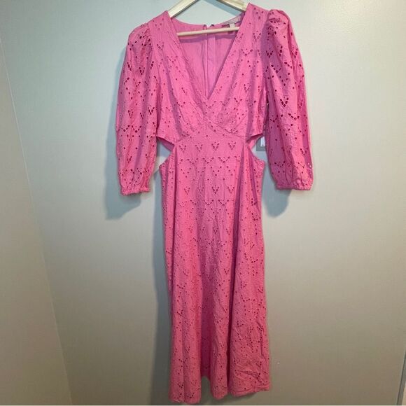 CHELSEA28 Eyelet Embroidered Cutout Bracelet Sleeve Midi Dress Pink SIZE M - Picture 1 of 11